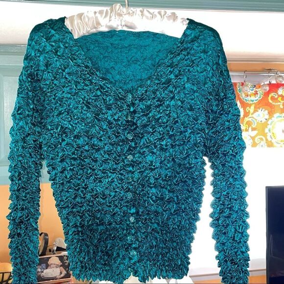 KRINKLE popcorn button down long sleeve top. - Picture 1 of 4